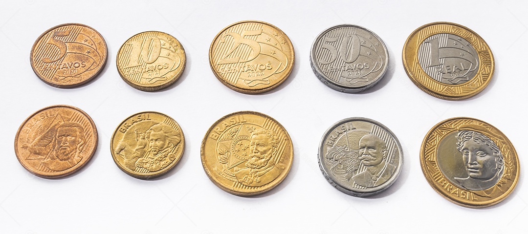 Moedas brasileiras, frente e verso com fundo branco