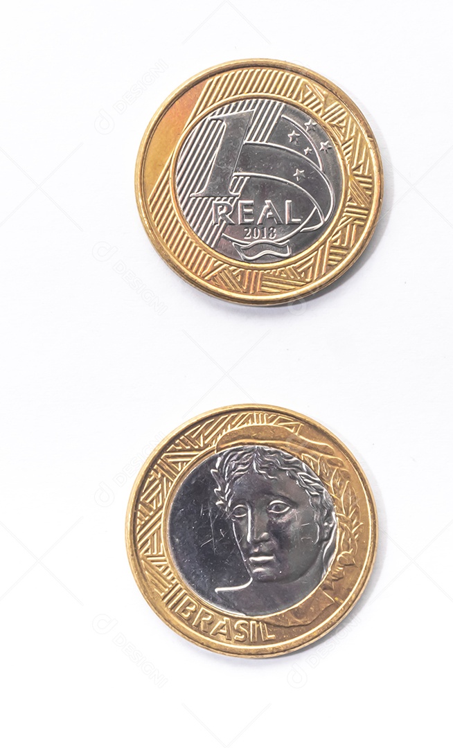 Moedas brasileiras, frente e verso com fundo branco