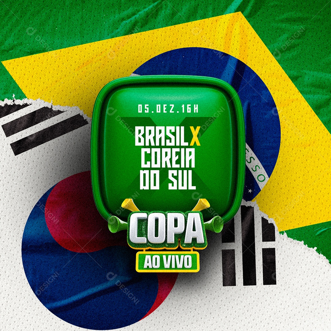 Jogo Brasil x Coreia do Sul Copa ao Vivo Futebol Copa Mundo Social Media PSD Editável