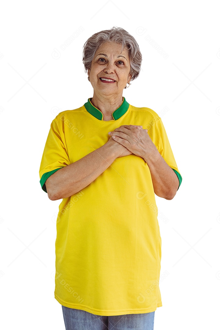 Mulher madura com a camisa amarela do time de futebol isolada no branco
