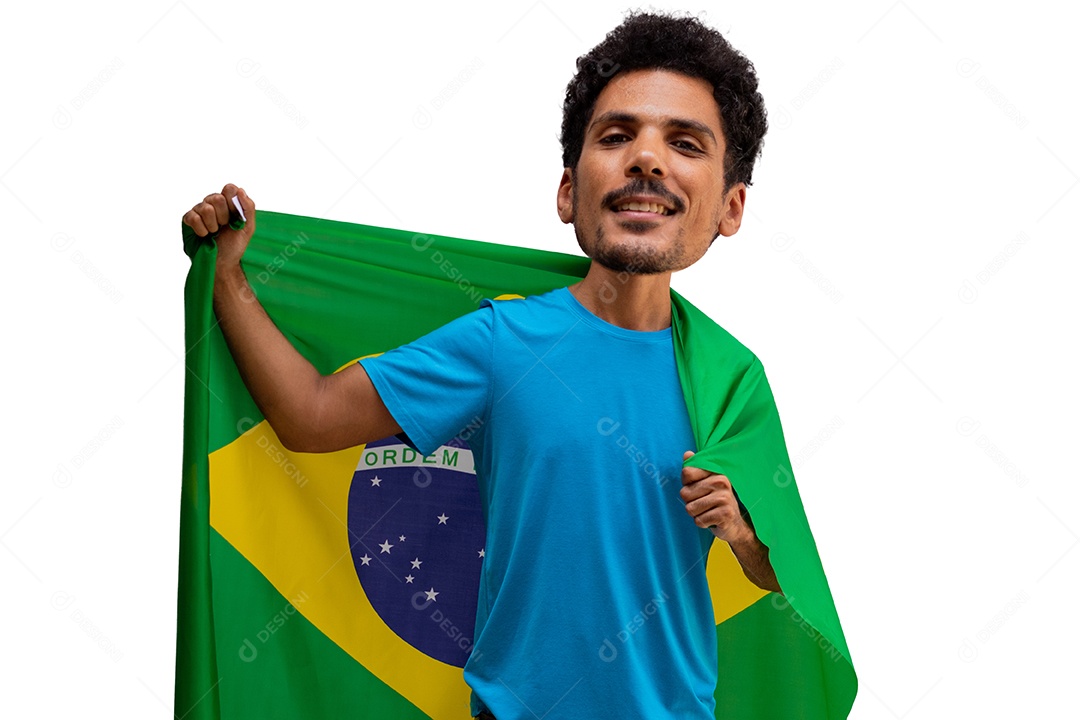 Jogador brasileiro ou fã com cabeça grande segurando a bandeira do Brasil.