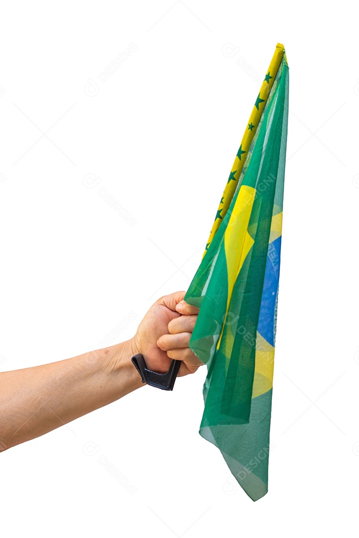 Segurando a bandeira do Brasil isolada no branco.