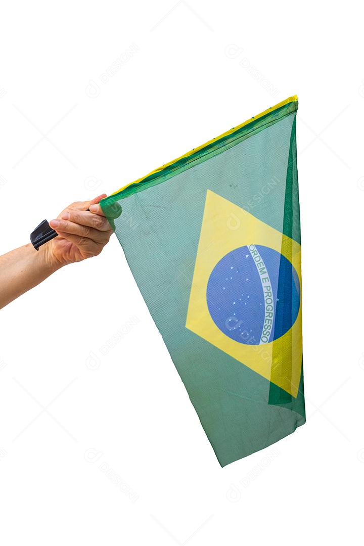 Segurando a bandeira do Brasil isolada no branco.