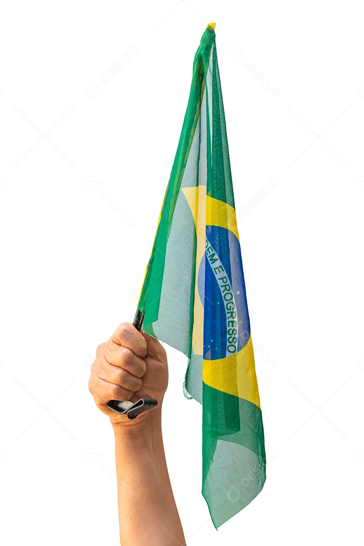 Segurando a bandeira do Brasil isolada no branco.