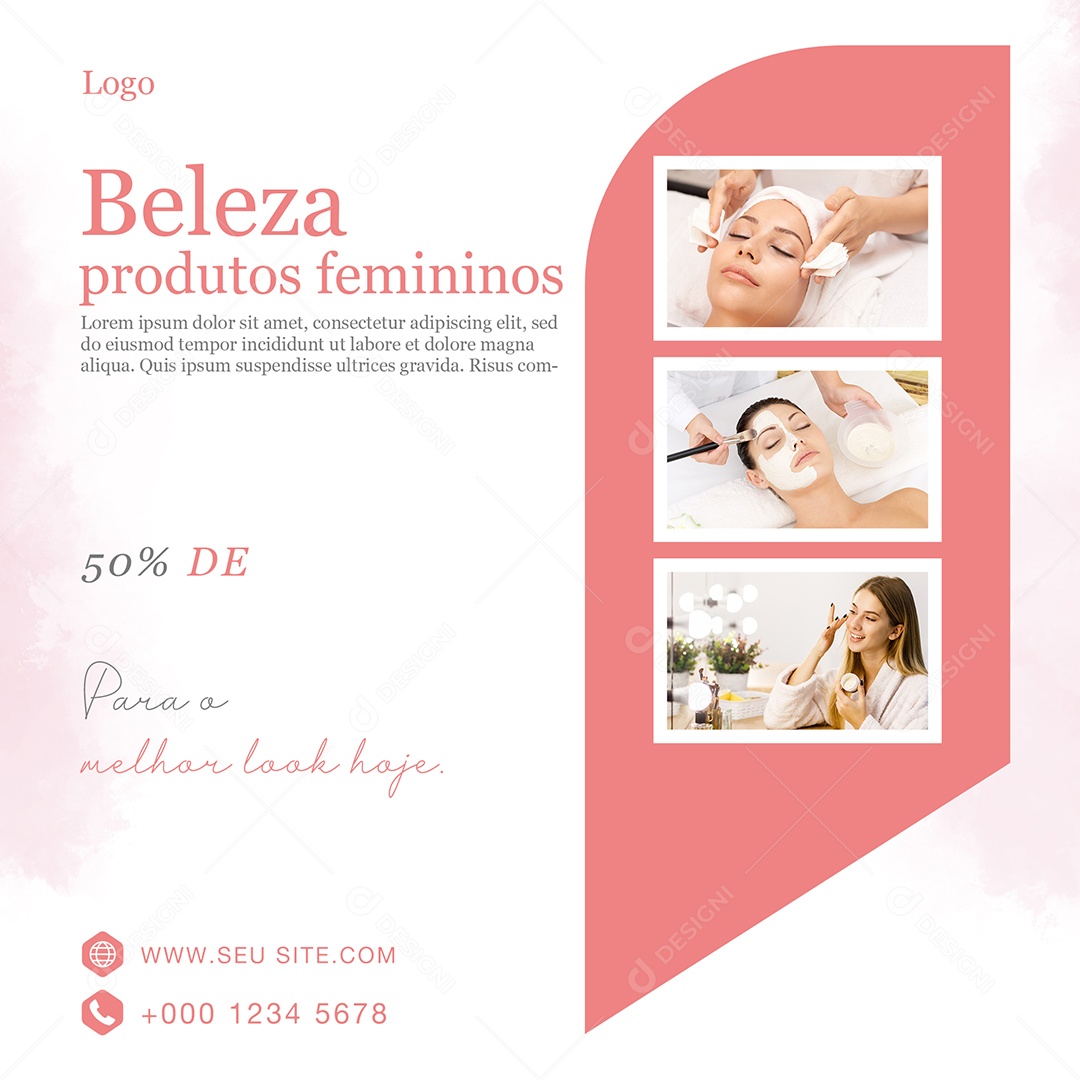 Beleza Produtos Femininos Cosméticos 50% de Desconto Social Media PSD Editável