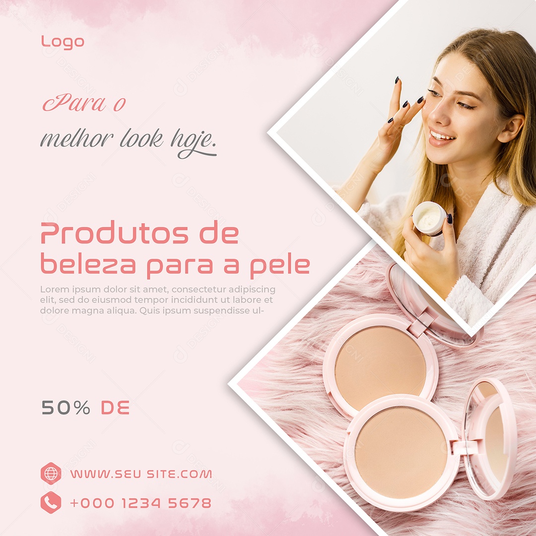 Produtos de Beleza para a Pele 50% de Desconto Cosméticos Social Media PSD Editável