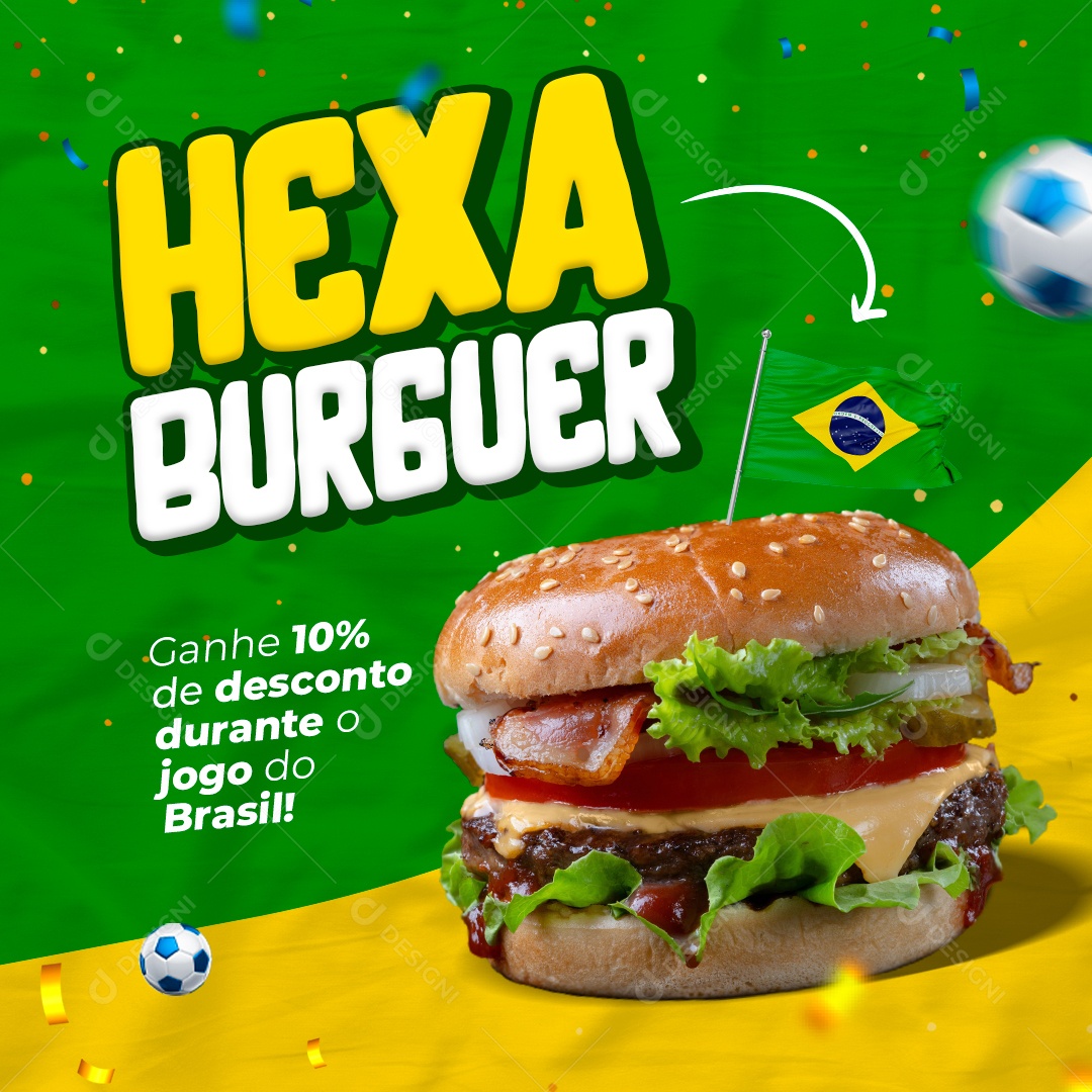 Hamburgueria Hexa Burguer Ganhe 10% de Desconto Durante o Jogo do Brasil Social Media PSD Editável