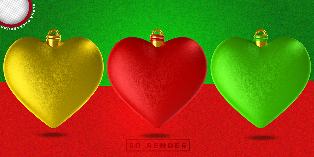 Corações Verde Vermelho e Amarelo Elementos 3D PSD
