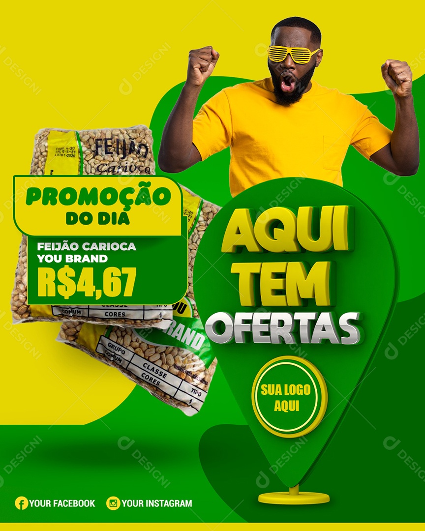 Promoção do Dia Aqui tem Ofertas Supermercado Social Media PSD Editável