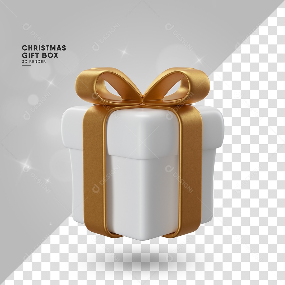 Caixa de Presente Branca Com Laço Dourado Elemento 3D para Composição PSD