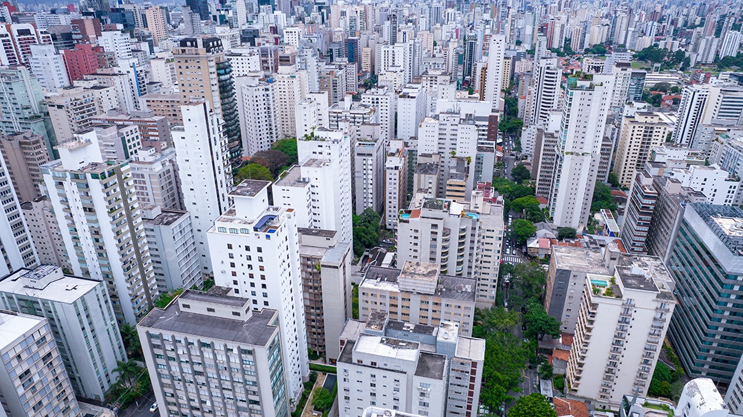 Muitos edifícios no bairro Jardins em São Paulo, Brasil. Edifícios residenciais