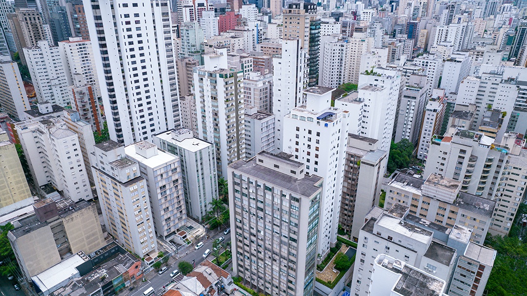 Muitos edifícios no bairro Jardins em São Paulo, Brasil. Edifícios residenciais