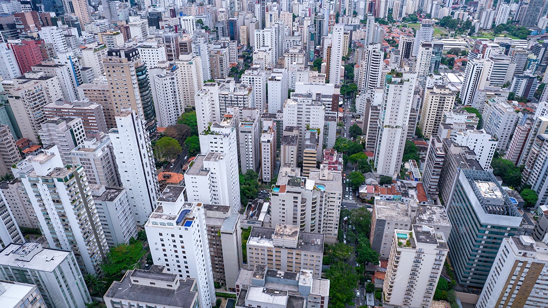 Muitos edifícios no bairro Jardins em São Paulo, Brasil. Edifícios residenciais
