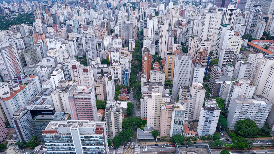 Muitos edifícios no bairro Jardins em São Paulo, Brasil. Edifícios residenciais