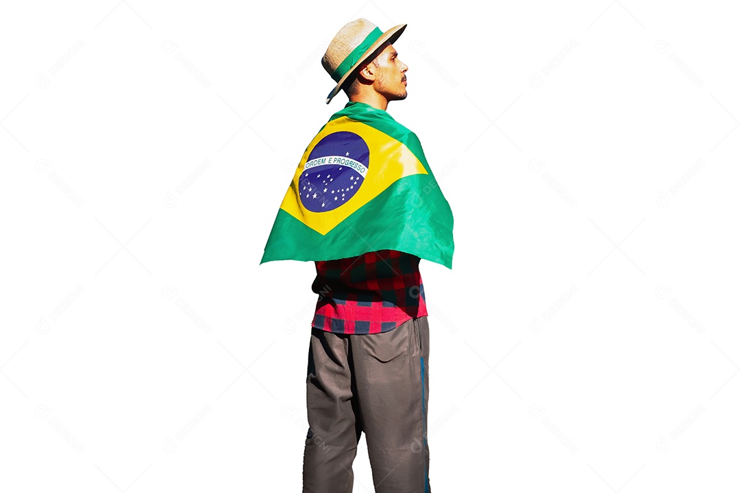 Agricultor com chapéu segurando a bandeira do Brasil para o dia da independência
