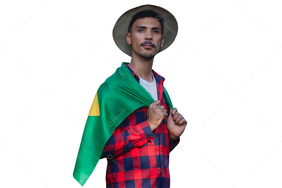 Agricultor com chapéu segurando a bandeira do Brasil para o dia da independência.