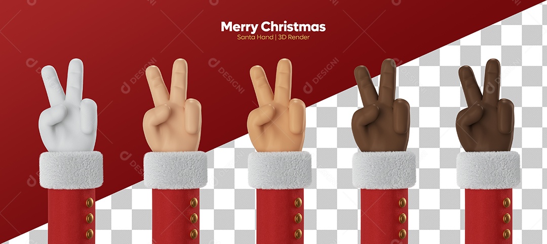 Mão de Papai Noel de Diversas Cores Fazendo Sinal de Paz e Amor Elemento 3D PSD