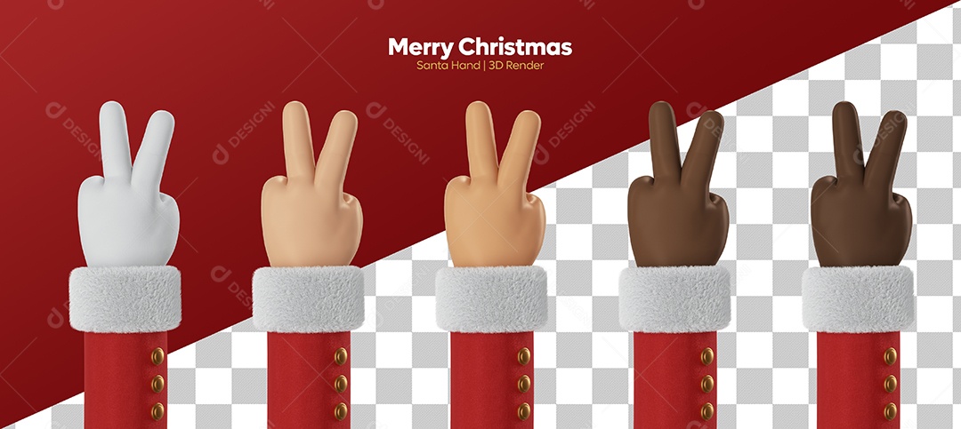Mão de Papai Noel de Diversas Cores Fazendo Sinal de Paz e Amor Elemento 3D PSD