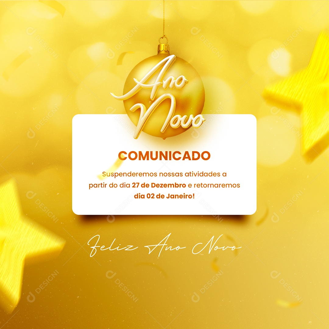 Comunicado Feriado Reveillon Ano Novo Social Media PSD Editável