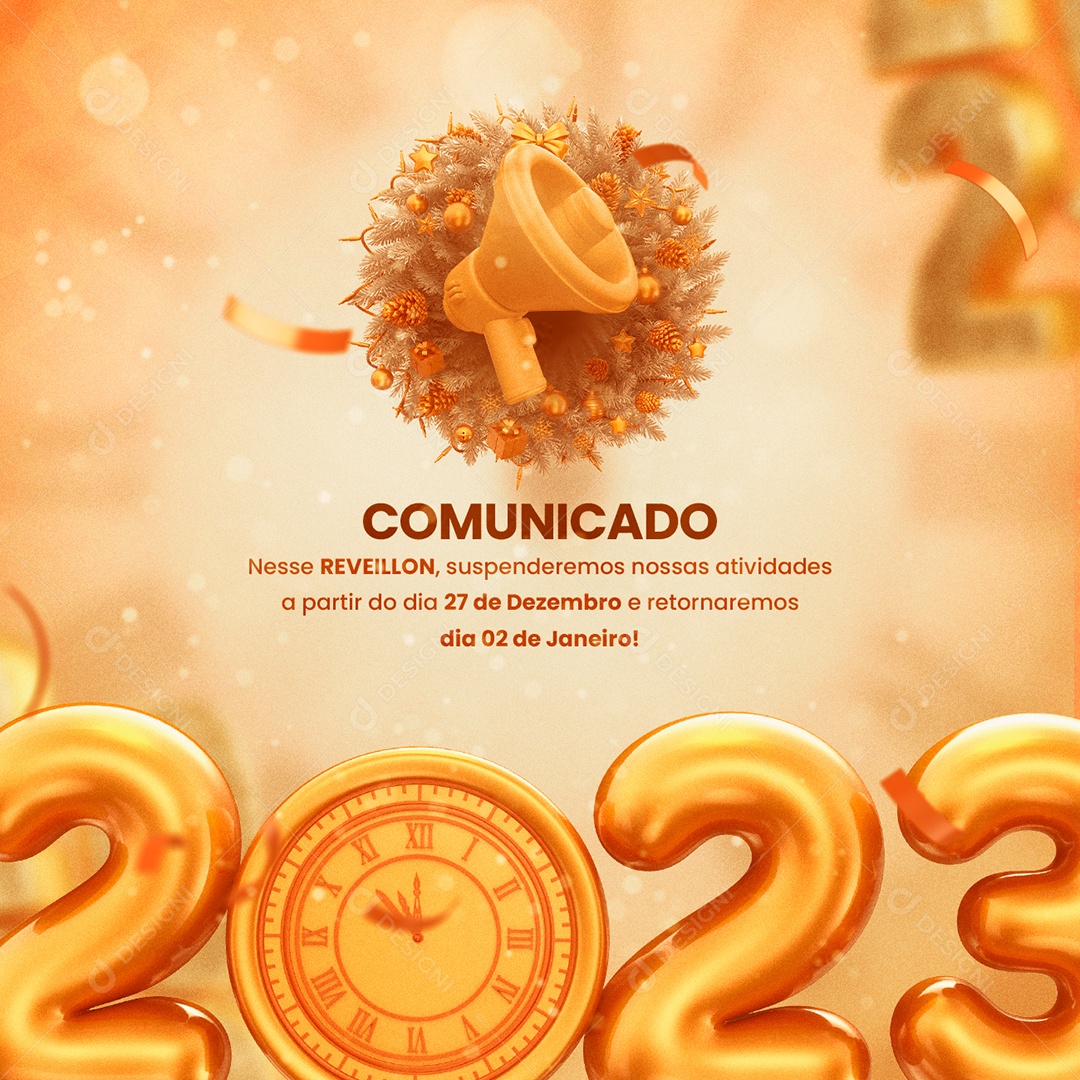 Comunicado Feriado Reveillon Ano Novo Social Media PSD Editável