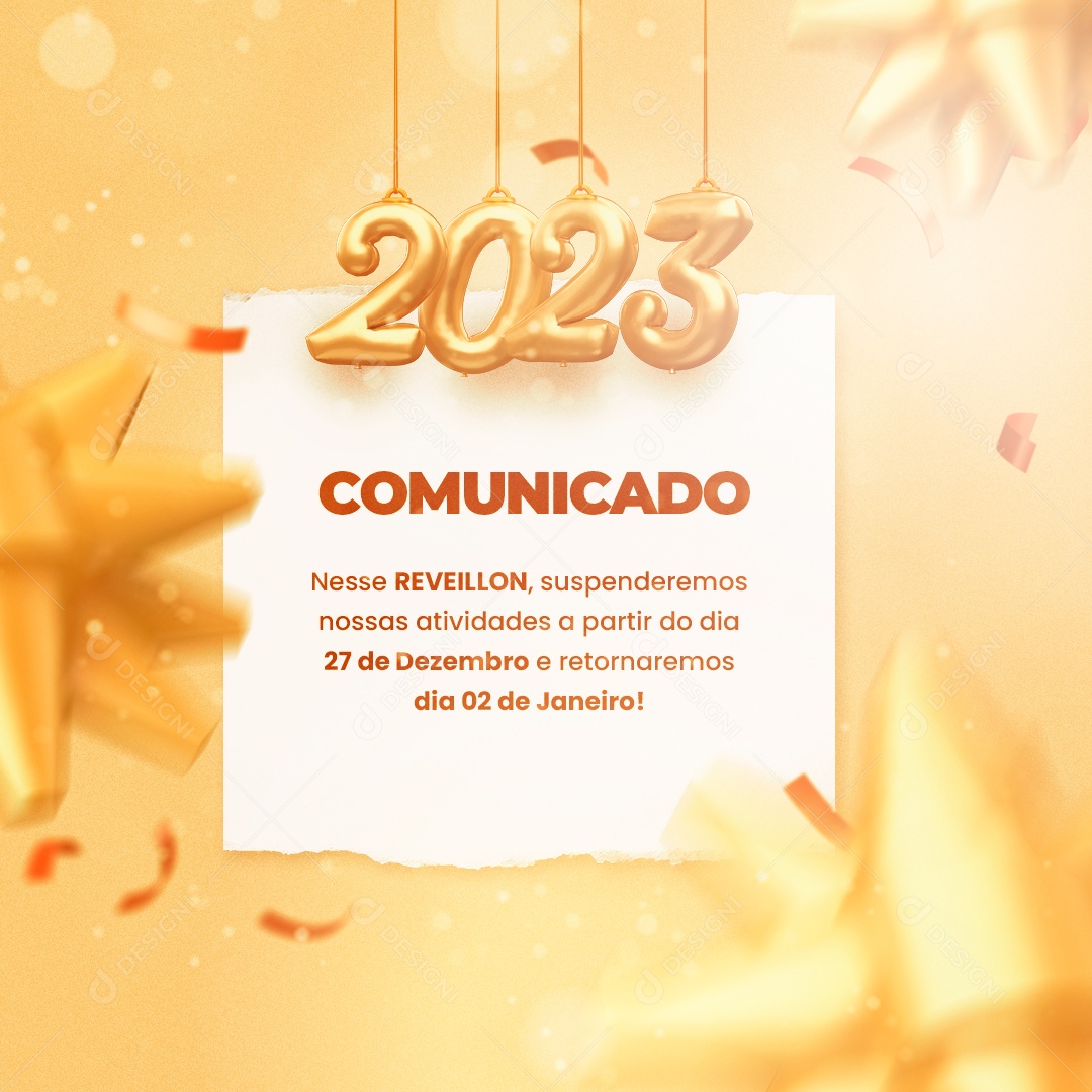 Comunicado Feriado Reveillon Ano Novo Social Media PSD Editável