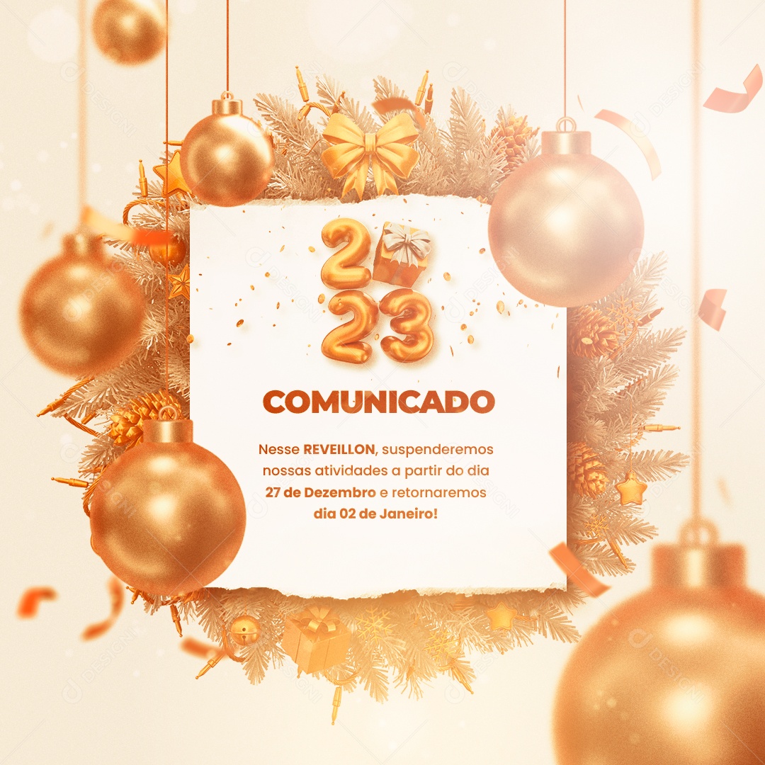 Comunicado Feriado Reveillon Ano Novo Social Media PSD Editável