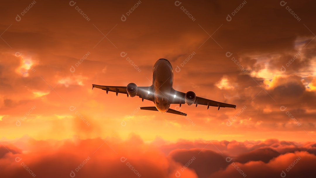 Avião voando sobre céu azul nuvens