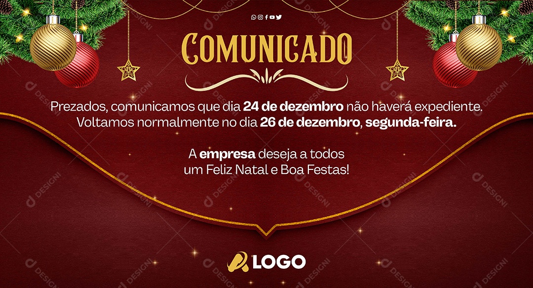 Banner Comunicado Feriado de Natal Social Media PSD Editável
