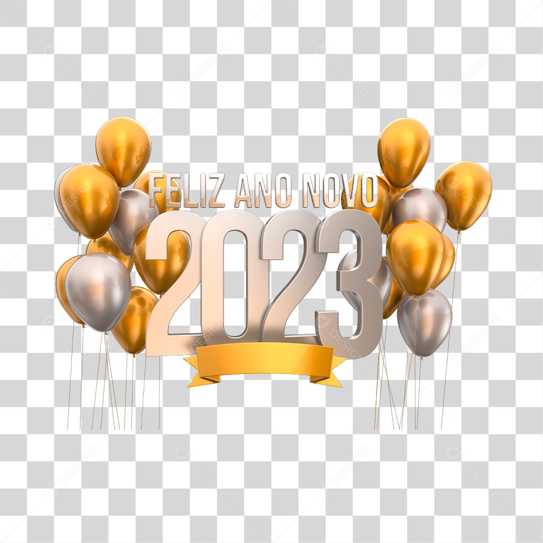 Feliz Ano Novo 2023 Texto 3D Prata PNG Transparente