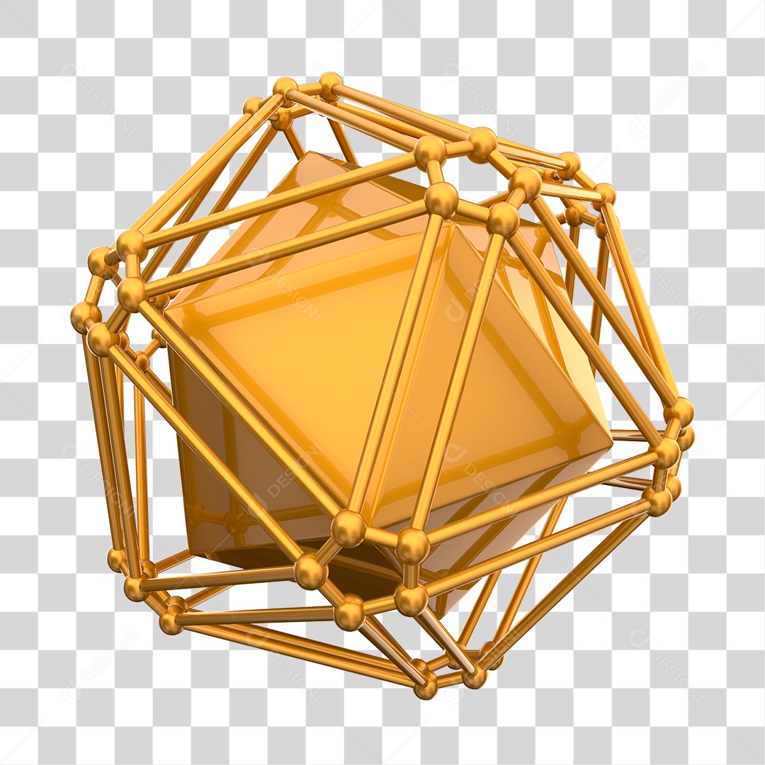 Icosaedro Dourado Forma Geométrica Elemento 3D PNG Transparente