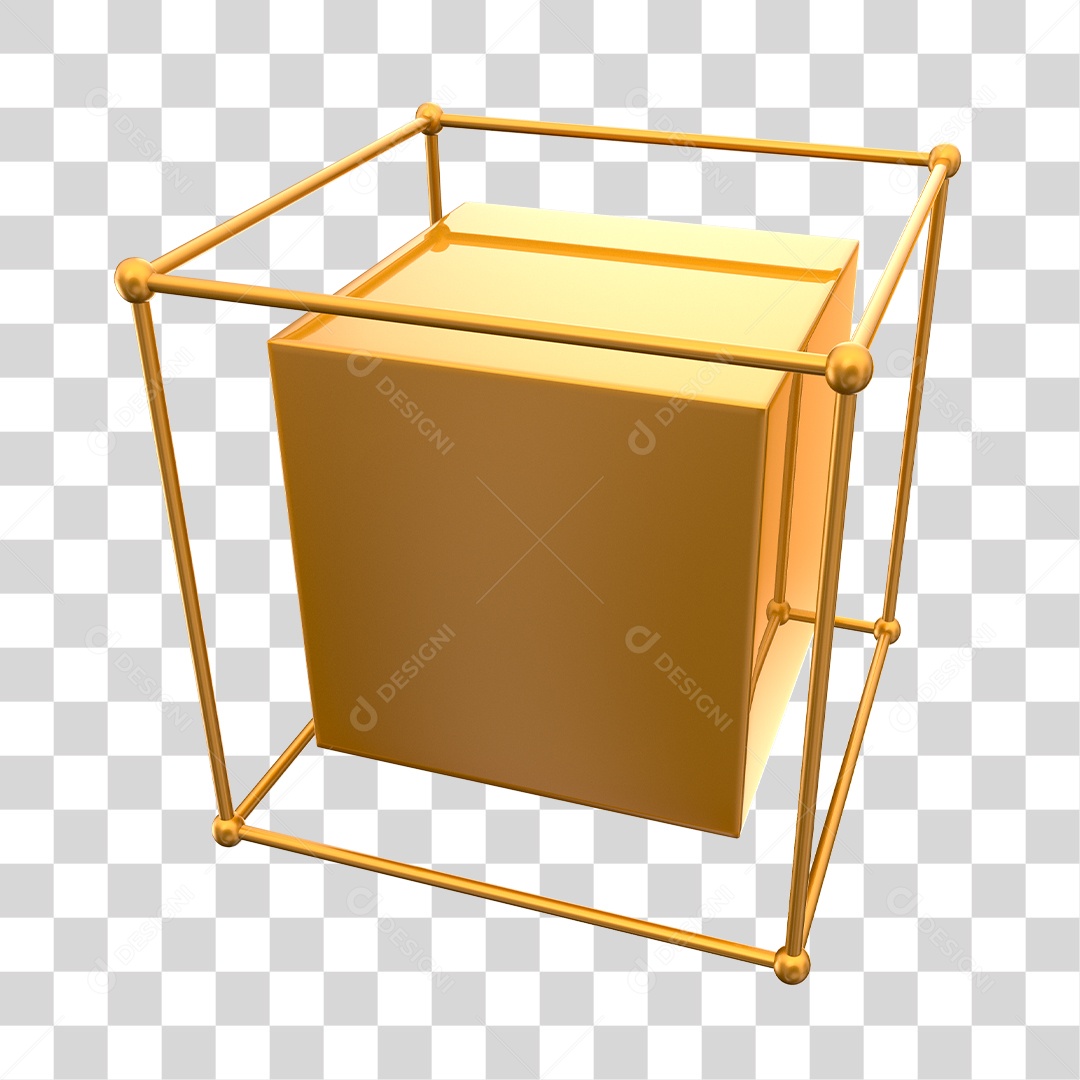 Cubo Dourado Forma Geométrica Elemento 3D PNG Transparente
