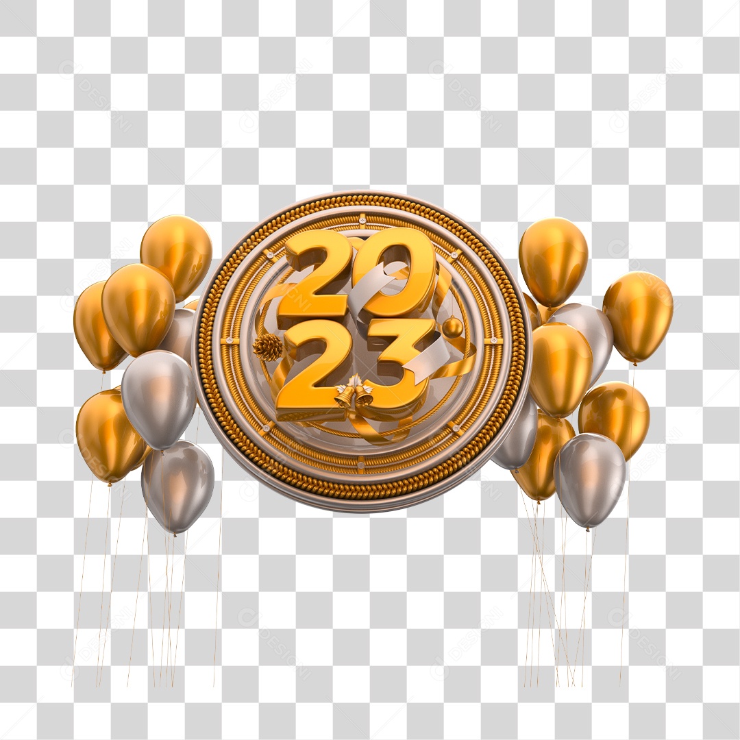 Número 2023 com Balões Dourado e Prata Elemento 3D de Ano Novo PNG Transparente