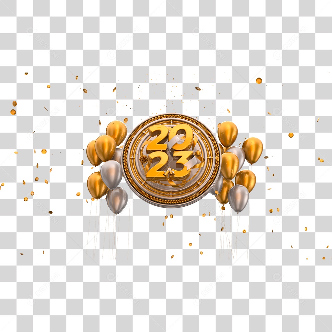 Número 2023 com Balões Dourado e Prata Elemento 3D de Ano Novo PNG Transparente