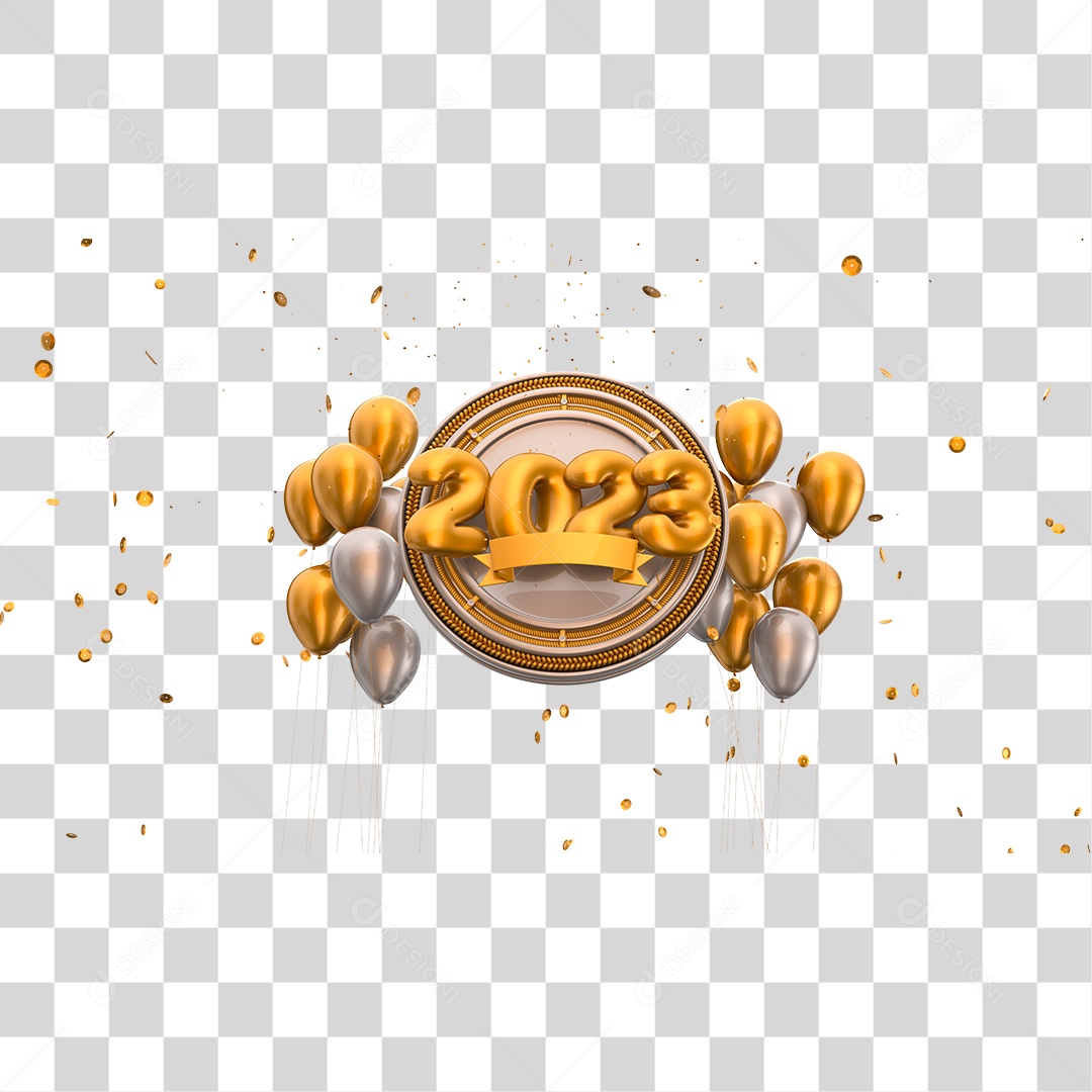 Número 2023 com Balões Dourado e Prata Elemento 3D de Ano Novo PNG Transparente