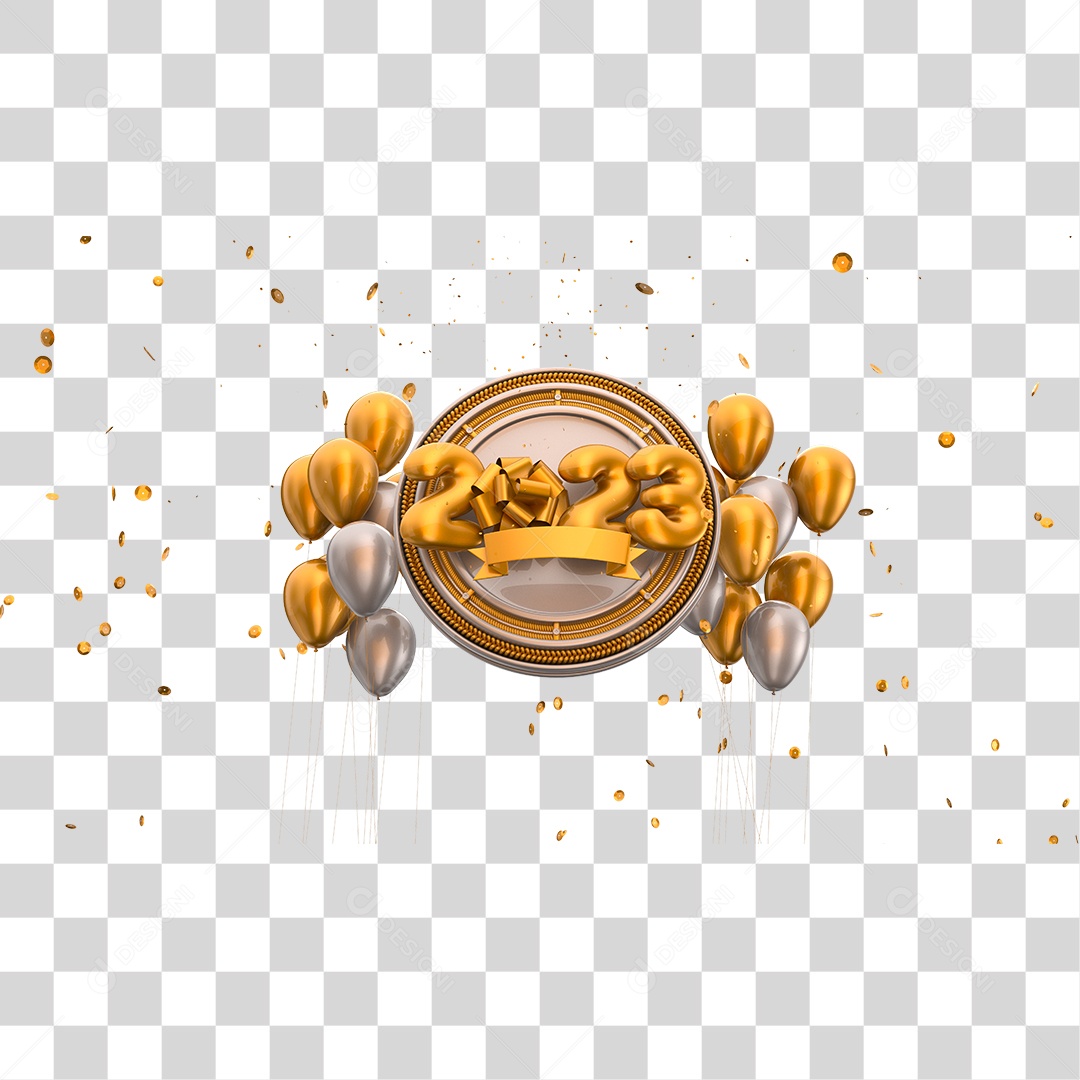 Número 2023 com Balões Dourado e Prata Elemento 3D de Ano Novo PNG Transparente