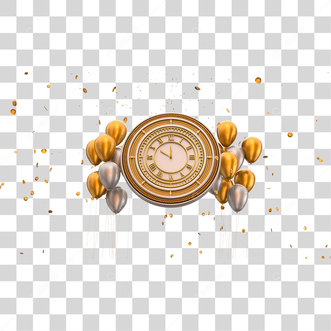Relógio com Balões Dourado e Prata Elemento 3D de Ano Novo PNG Transparente