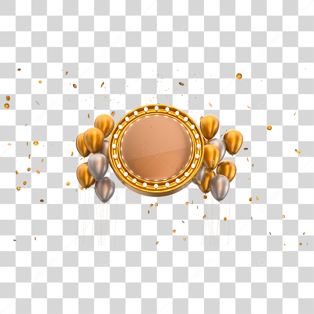 Painel com Luz e  Balões Dourado e Prata e Elemento 3D de Ano Novo PNG Transparente