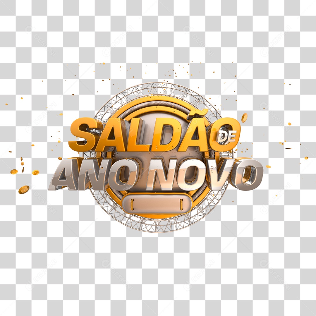Saldão de Ano Novo Selo 3D Dourado e Prata PNG Transparente