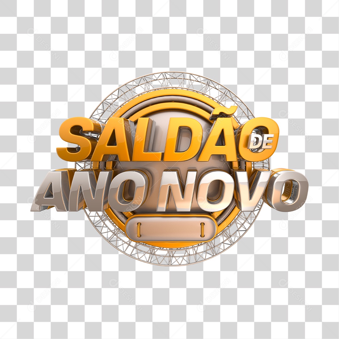 Saldão de Ano Novo Selo 3D Dourado e Prata PNG Transparente