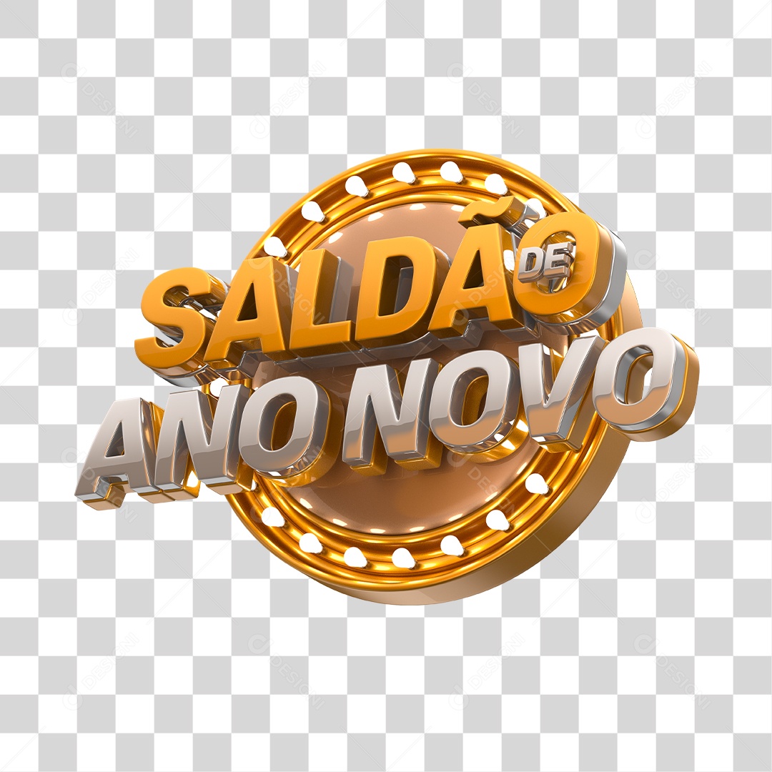 Saldão de Ano Novo Selo 3D Dourado e Prata PNG Transparente