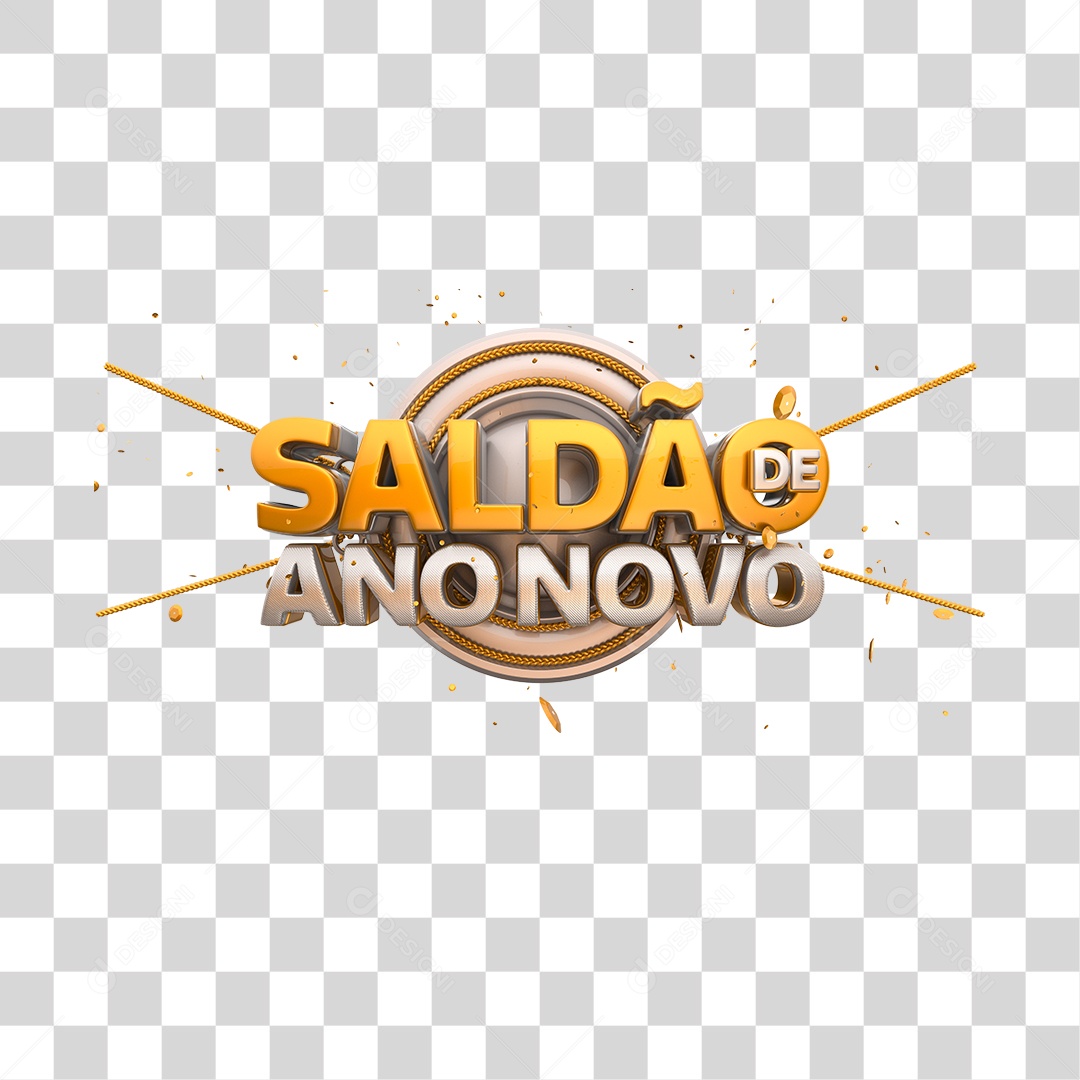 Saldão de Ano Novo Selo 3D Dourado e Prata PNG Transparente