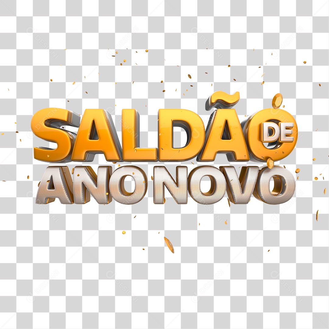 Saldão de Ano Novo Texto 3D Dourado e Prata PNG Transparente