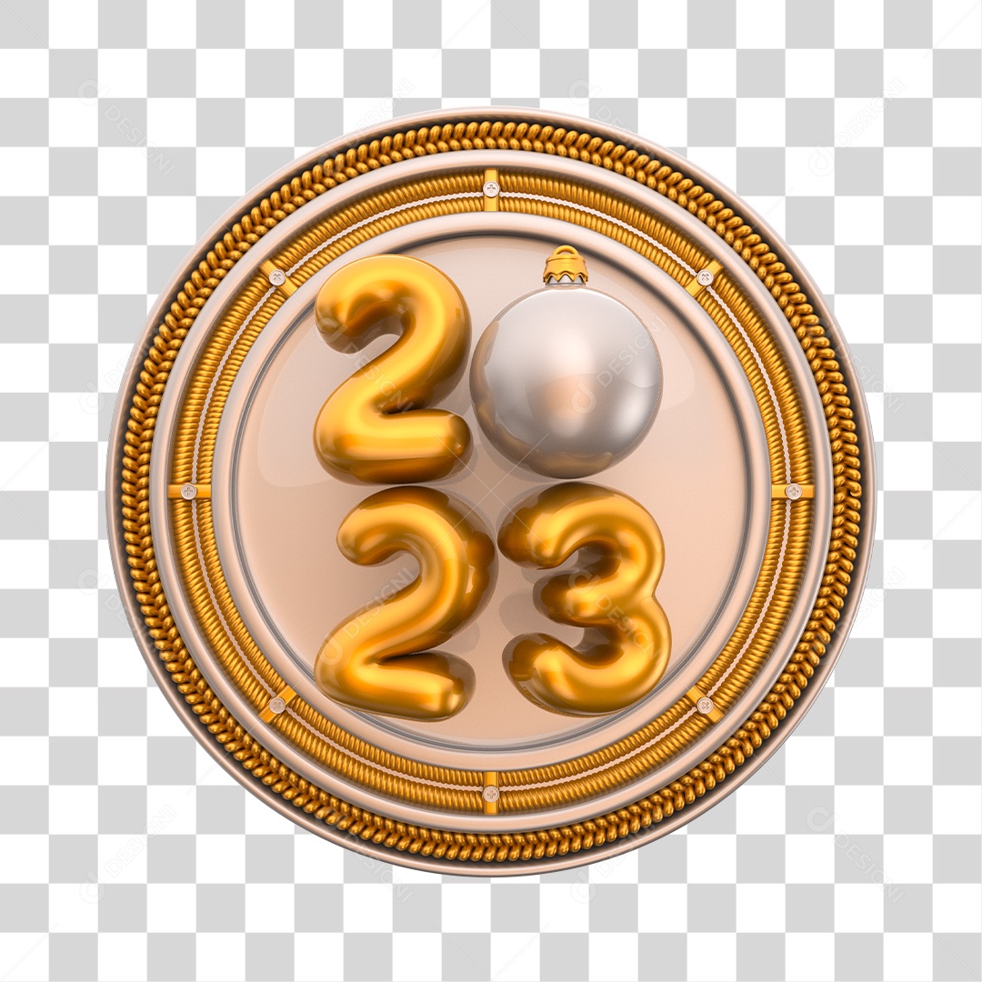 Número 2023 Dourado com Bola Decorativa Elemento 3D de Ano Novo PNG Transparente