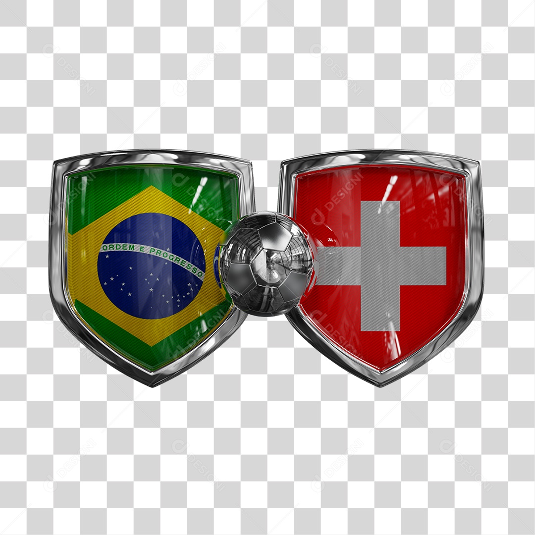 Escudos do Brasil e Suíça Elemento 3D para Composição PNG Transparente