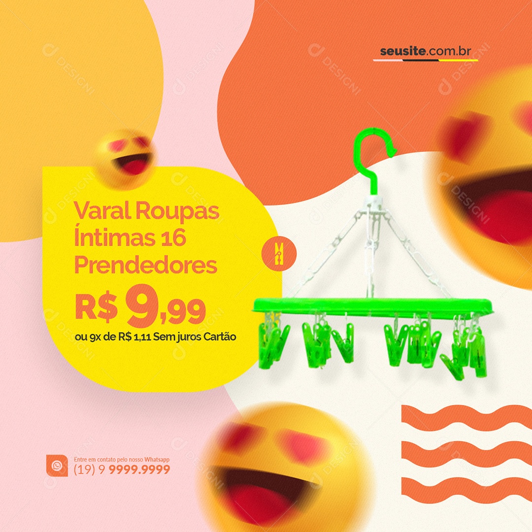 Varal de Roupas Íntimas 16 Prendedores 9,99 Utensílios Social Media PSD Editável