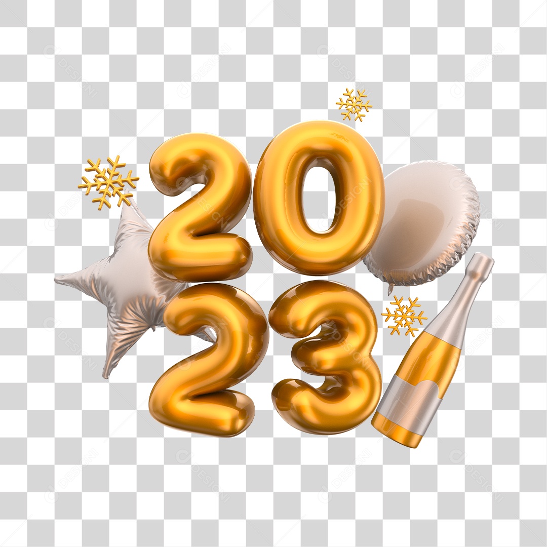 Número 2023 Dourado com Balões e Champagne Elemento 3D de Ano Novo PNG Transparente