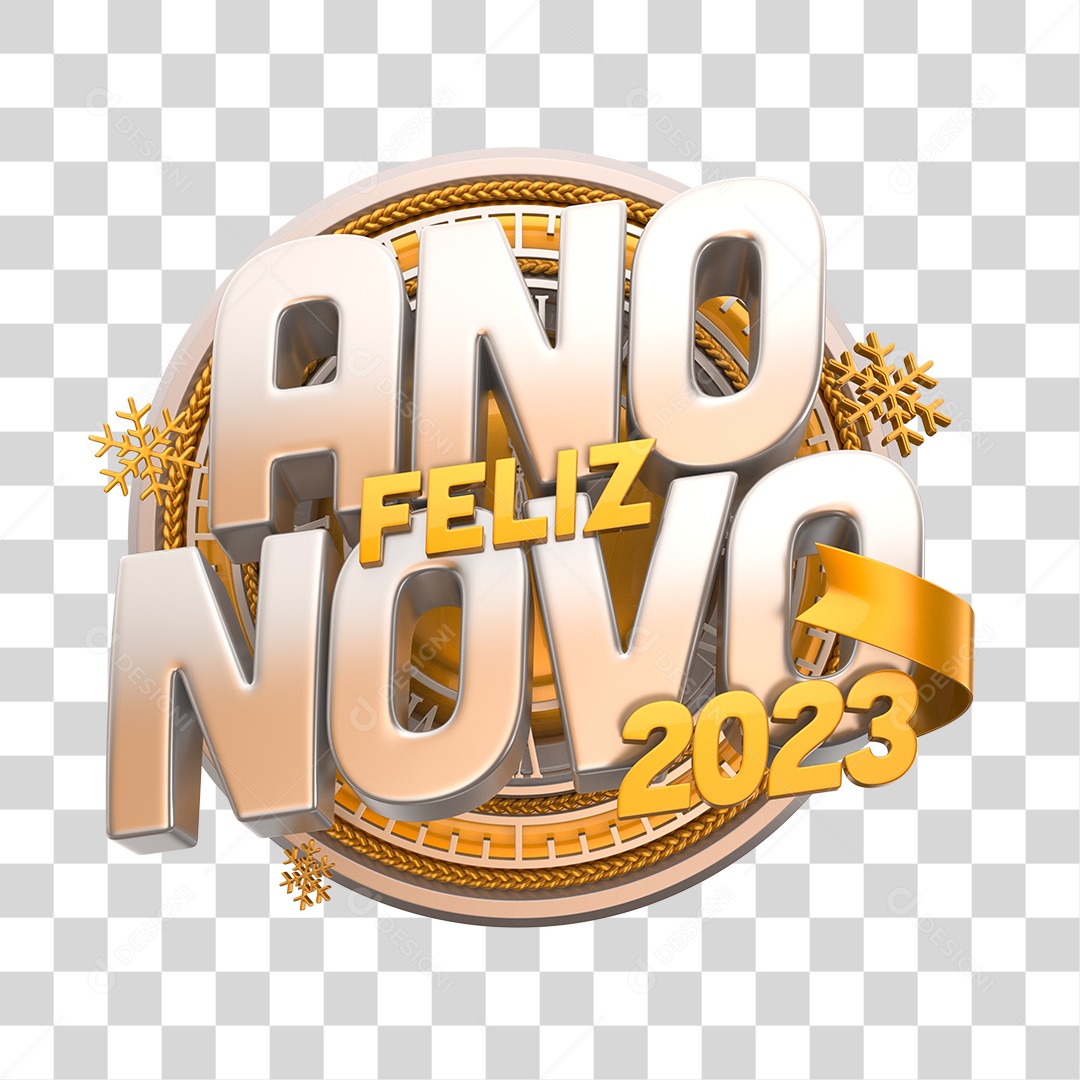 Ano Novo Feliz 2023 Selo 3D Prata e Dourado PNG Transparente