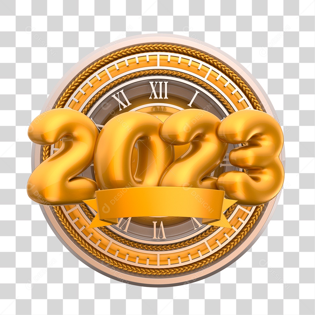 Número 2023 Dourado e Relógio Elemento 3D de Ano Novo PNG Transparente