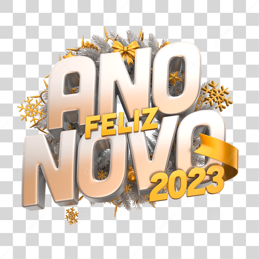 Ano Novo Feliz 2023 Selo 3D Prata e Dourado PNG Transparente