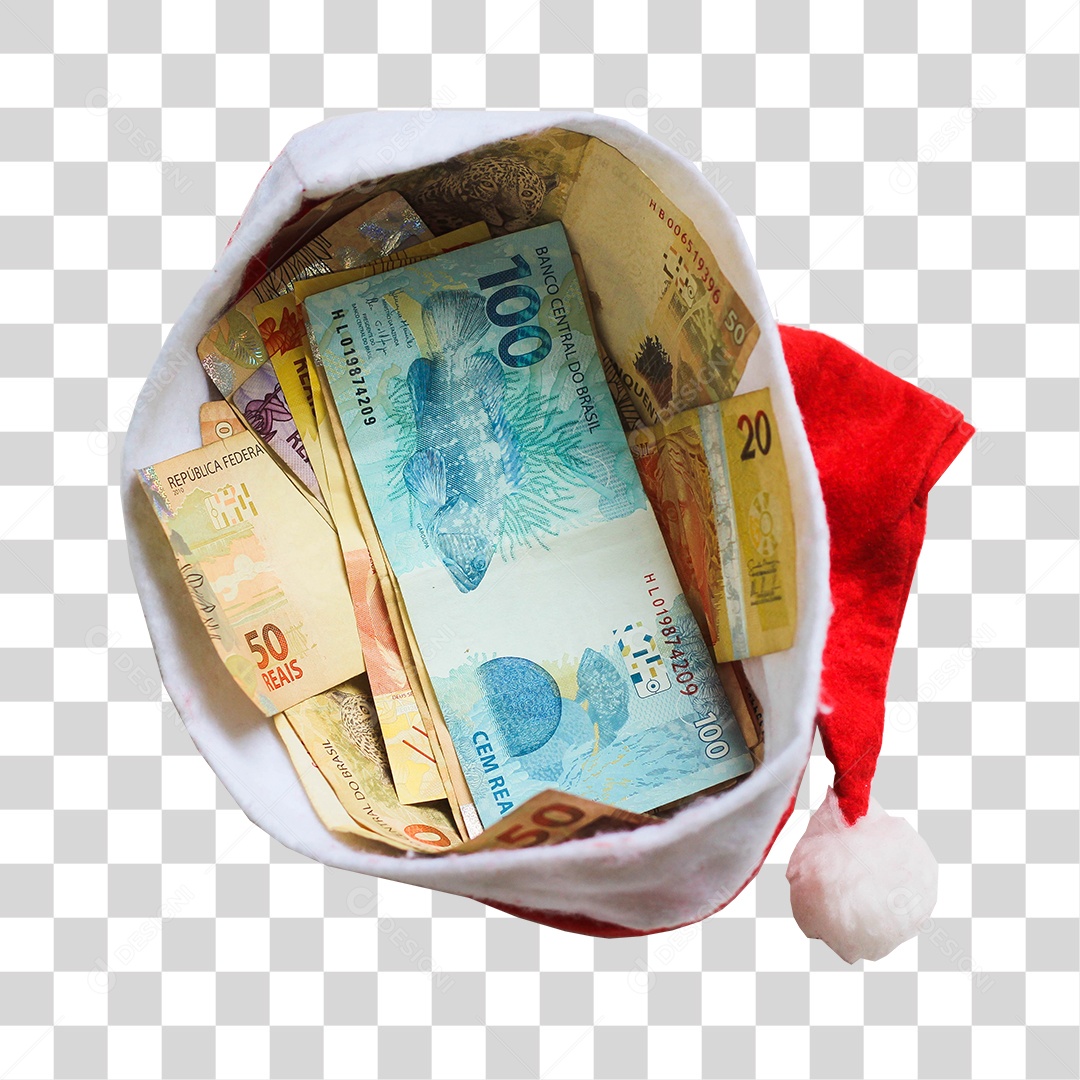 Gorro do Papai Noel Cheio de Dinheiro Várias Notas PNG Transparente Sem Fundo